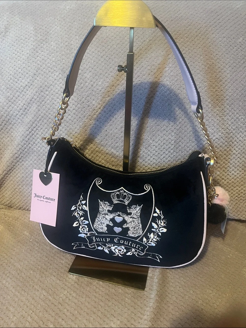 Juicy Couture Black Velvet Shoulder Bag with Pink Trim and Gold Chain